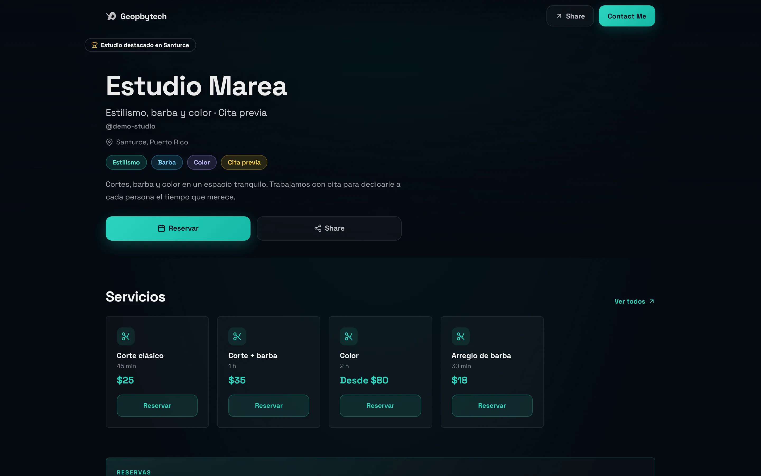 A GeoProfile public page, shown with sample content: a studio name, a location, tags, a short description and a Reservar button.