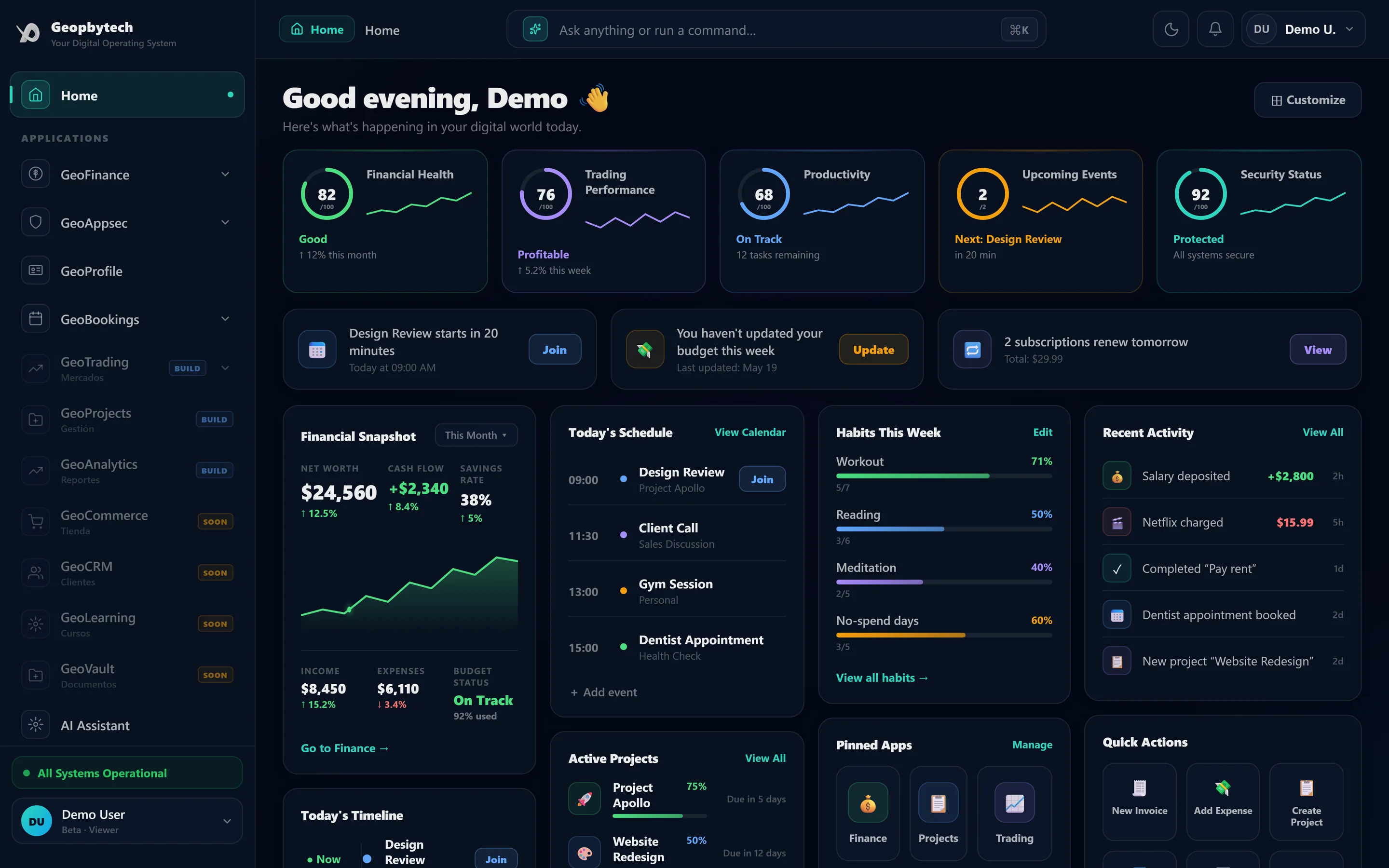 The Geopbytech home dashboard, shown with demo data: a sidebar with every app, health scores for finance, productivity and security, today's schedule, habits and recent activity.